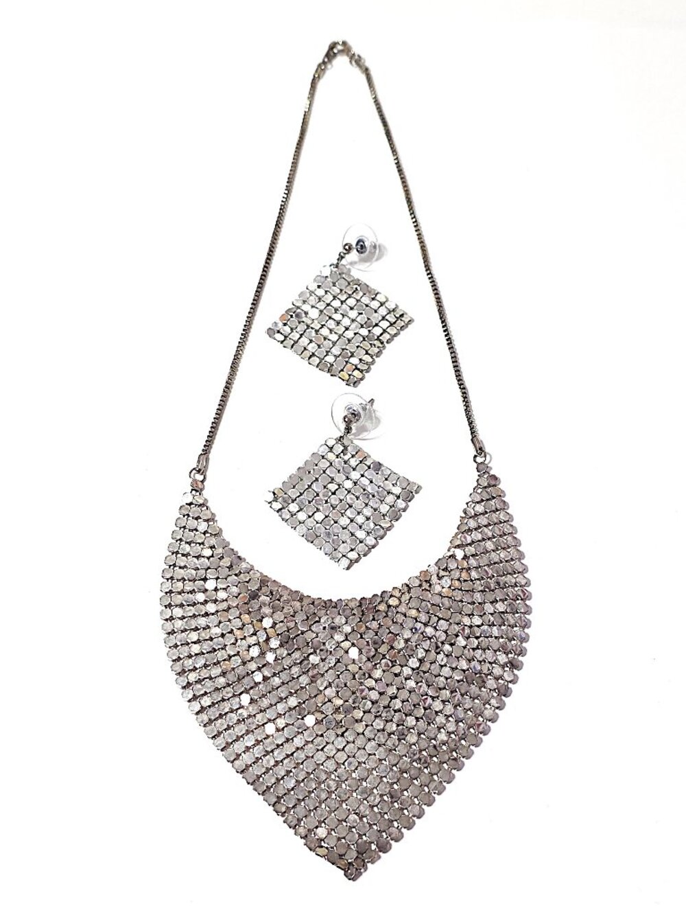 Silver liquid metal mesh bib necklace & earrings set